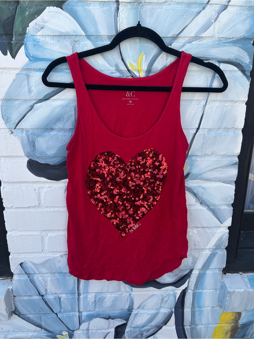 New York & Company Red Sequin Heart Tank